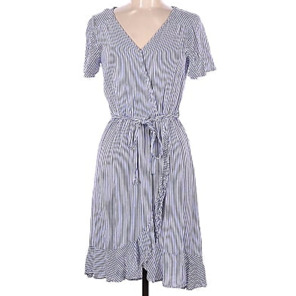Naif by Anthropologie‎ Blue & White Stripe V-Neck Ruffle Tie Wrap Dress Small